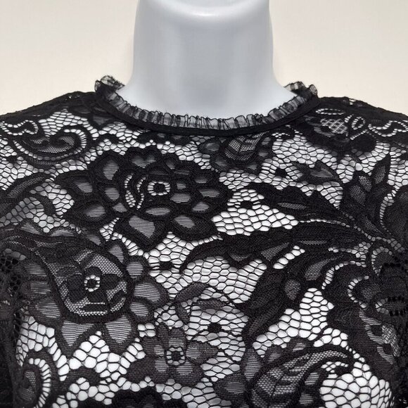 Sheer Black Floral Lace High Neck Long Sleeve Tunic Top Shirt Bodycon Fitted - Picture 7 of 9